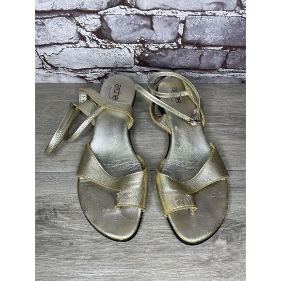 ARCHE France Gold Leather Strappy Wedge Toe Post Sandals Women Sz 41EU/10.5M US - Picture 1 of 16